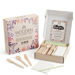 The Sky Cutlery 250Pc Wooden Flatware Set Eco-Friendly Compostable Party